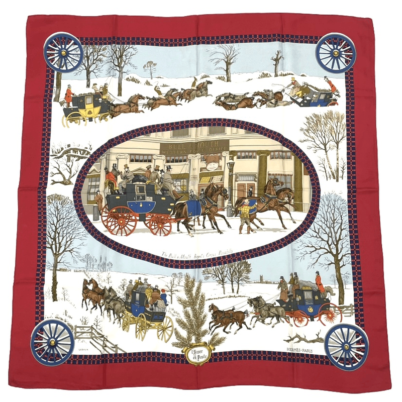 Hermes Carre 90 Postal Coach Scarf Silk Red