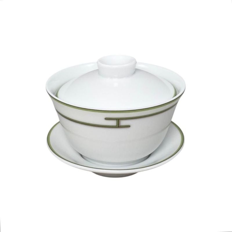 Hermes Teacup Rhythm Asian Teacup and Saucer with Lid H Logo Green White Hermes