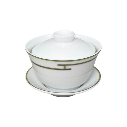 Hermes Teacup Rhythm Asian Teacup and Saucer with Lid H Logo Green White Hermes