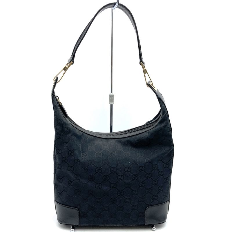 Gucci 001 4204 Shoulder Bag Handbag Black GG Canvas/leather Ladies Men Fashion
