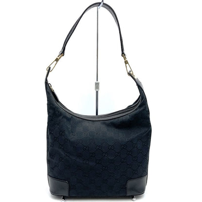 Gucci 001 4204 Shoulder Bag Handbag Black GG Canvas/leather Ladies Men Fashion
