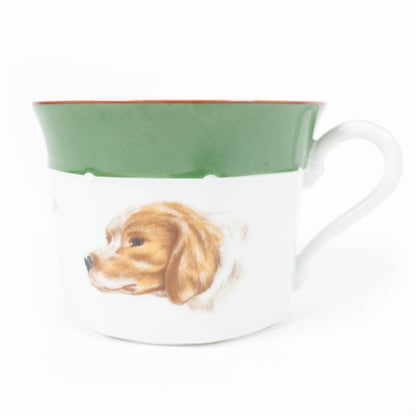 Hermes Pottery Cup And Saucer English Setter Dog Pattern Set Of 2 Green White