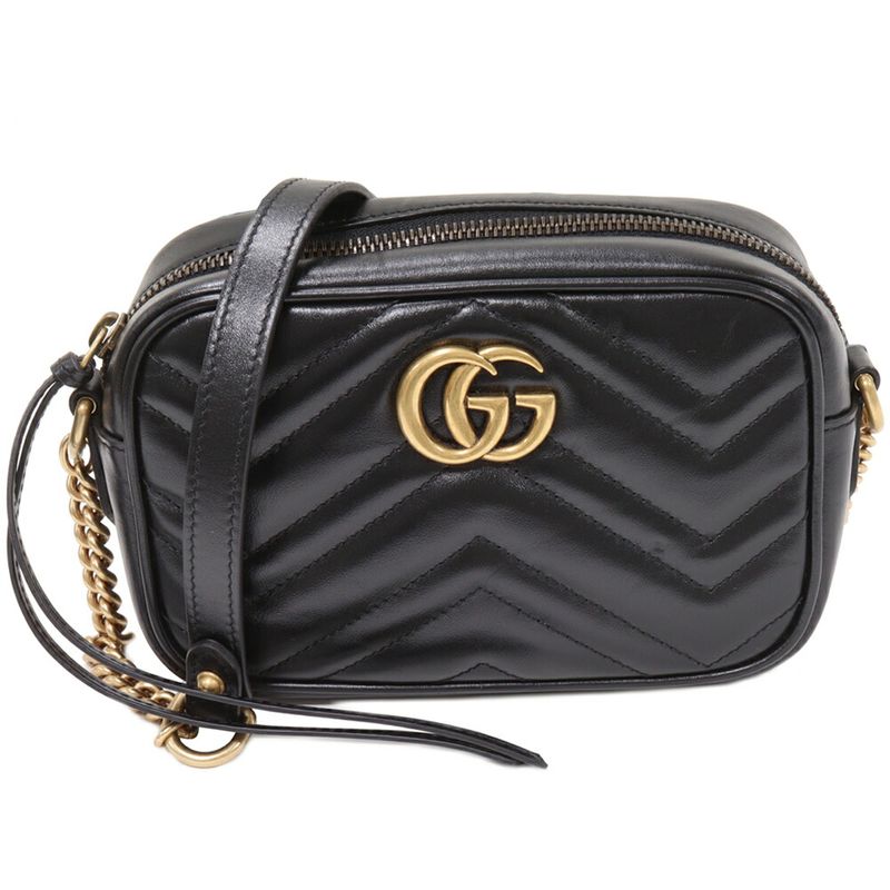 Gucci Chain Shoulder Bag GG Marmont Quilted Mini Bag Calf Black Gold Hardware