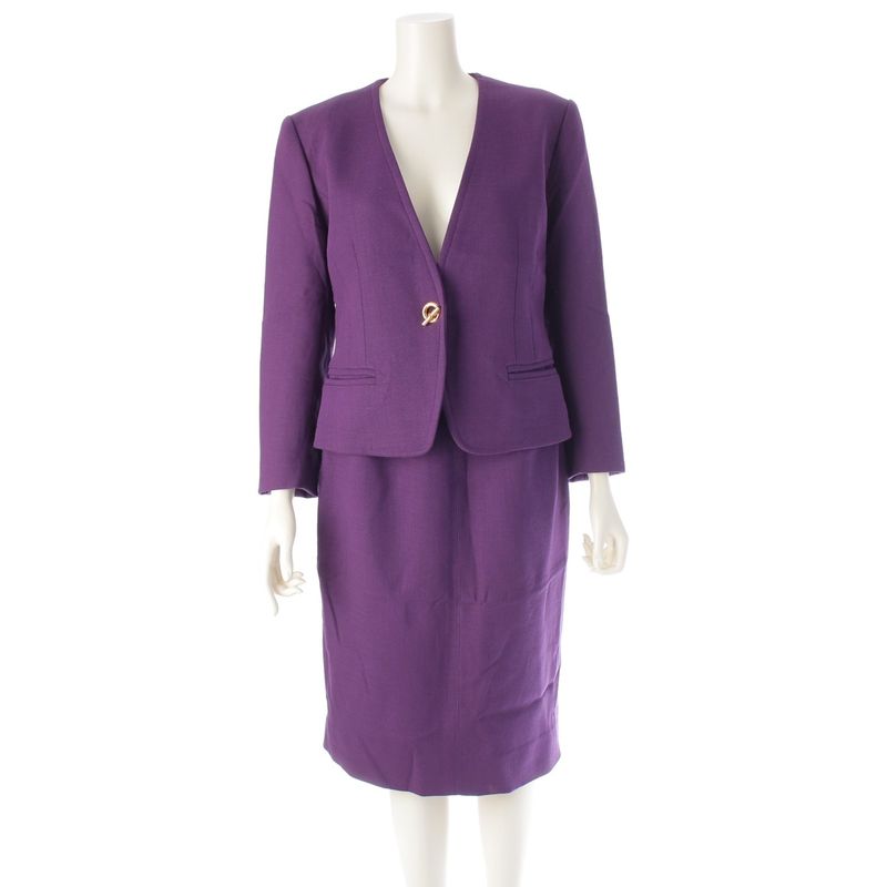 Hermes Wool Toggle T Bar Hardware Collarless Jacket Skirt Setup Purple Gold