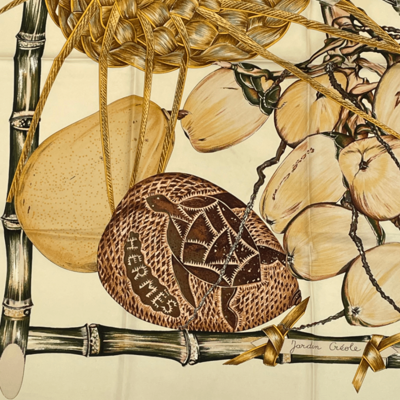 Hermes Carre 90 Jardin Creole Cles Or's Paradise Silk Scarf Beige And Yellow