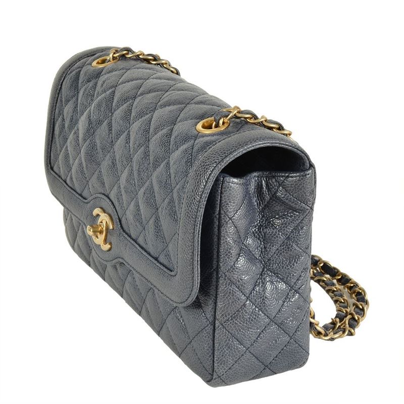 Chanel Matelasse Double Chain Shoulder Bag Caviar Skin Blue Gold Hardware Coco