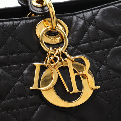 Christian DIOR Lady Dior Cannage Handbag Tote Bag Lambskin Black Black Gold