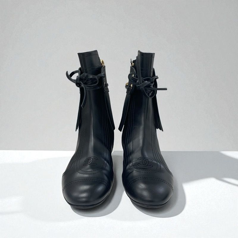 Chanel Boots Short Boots Shoes Leather Black Here Mark Fringe