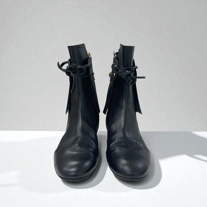 Chanel Boots Short Boots Shoes Leather Black Here Mark Fringe