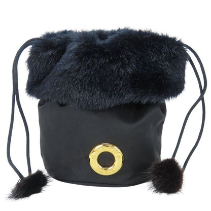 Celine Pouch Drawstring Fur Nylon Black Gold Hardware Logo Circle Small Bag