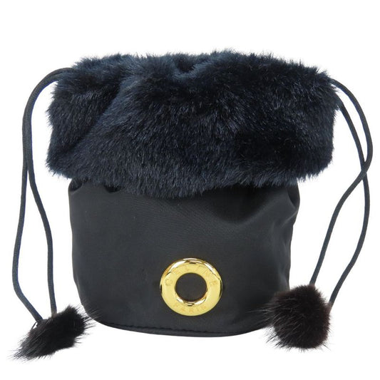 Celine Pouch Drawstring Fur Nylon Black Gold Hardware Logo Circle Small Bag