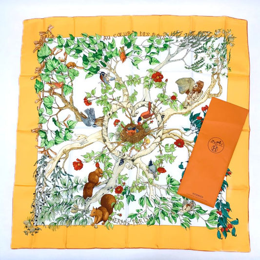 Grade Hermes Carre 90 AU Coeur DES BOIS In The Woods Orange 100% Silk
