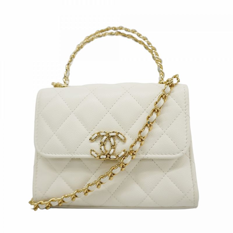 Chanel Handbag Matelasse Caviar Skin White Chien Pan Gold Hardware 2WAY Bag