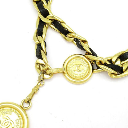 Chanel Coco Mark Coin Chain Belt Brass Leather Women Black