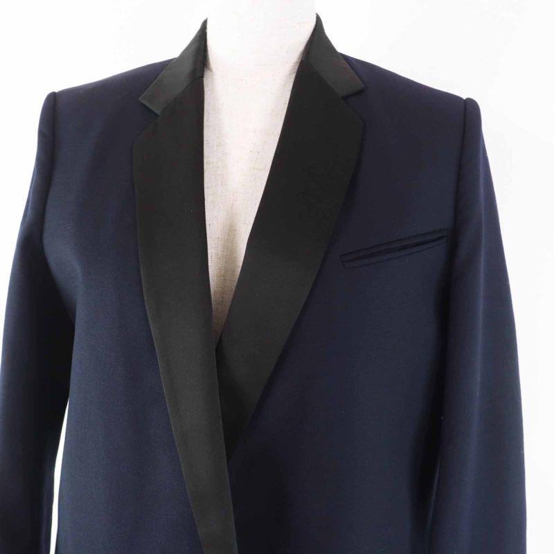 Celine 2 8h28/5065 Phoebe Philo Satin Lapel Crombie Coat Navy Black 34 Made In