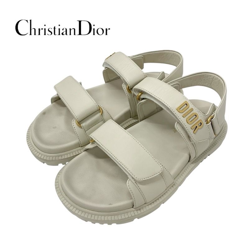 Christian Dioract Sandals Shoes Lambskin Ivory Gold Logo Velcro Strap