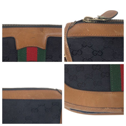 Gucci Vintage Old Gucci Sherry Line Black Brown GG Canvas/leather Shoulder Bag