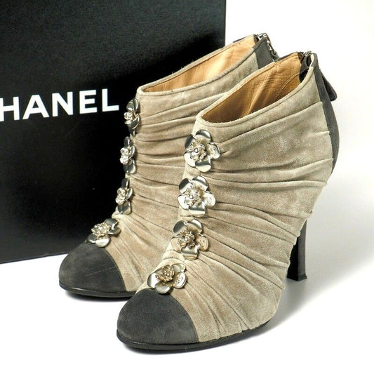 Chanel Boots Size 37.5c Short Boots Bicolor Suede Leather Shoes Camellia
