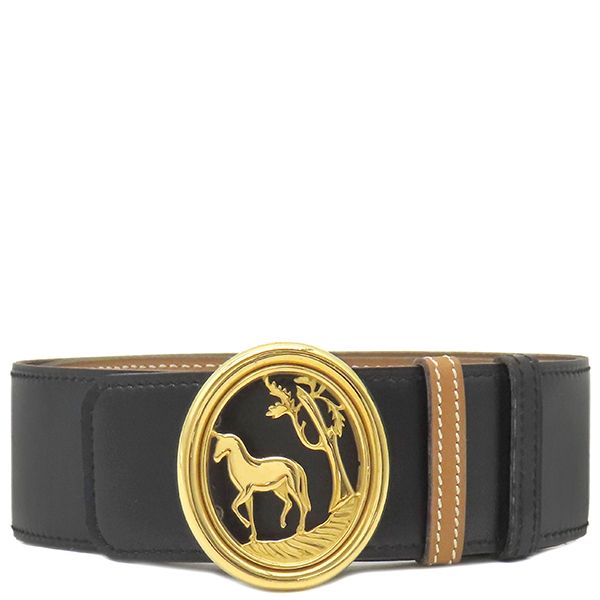 Hermes Belt Horse Buckle Box Calf Vogue River Black and Gold Hardware Reversible