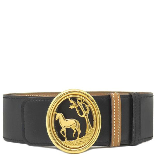 Hermes Belt Horse Buckle Box Calf Vogue River Black and Gold Hardware Reversible