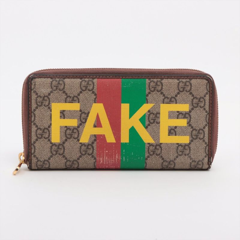Gucci GG Supreme FAKE NOT PVC × Leather Round Zip Wallet Long Wallet 636169