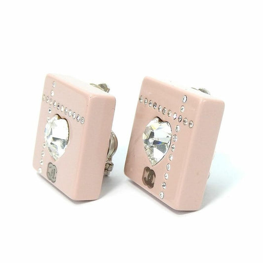 Chanel Earring Square Coco Mark Heart Rhinestone Pink Silver Plated 04A