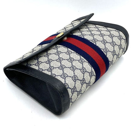 Gucci 001 019 Clutch Bag Second Bag Navy Sherry Line GG Supreme Canvas Leather