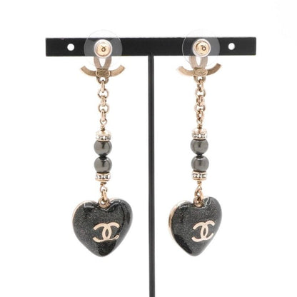 Chanel Earrings Earring Gold Black Coco Mark Heart Rhinestone
