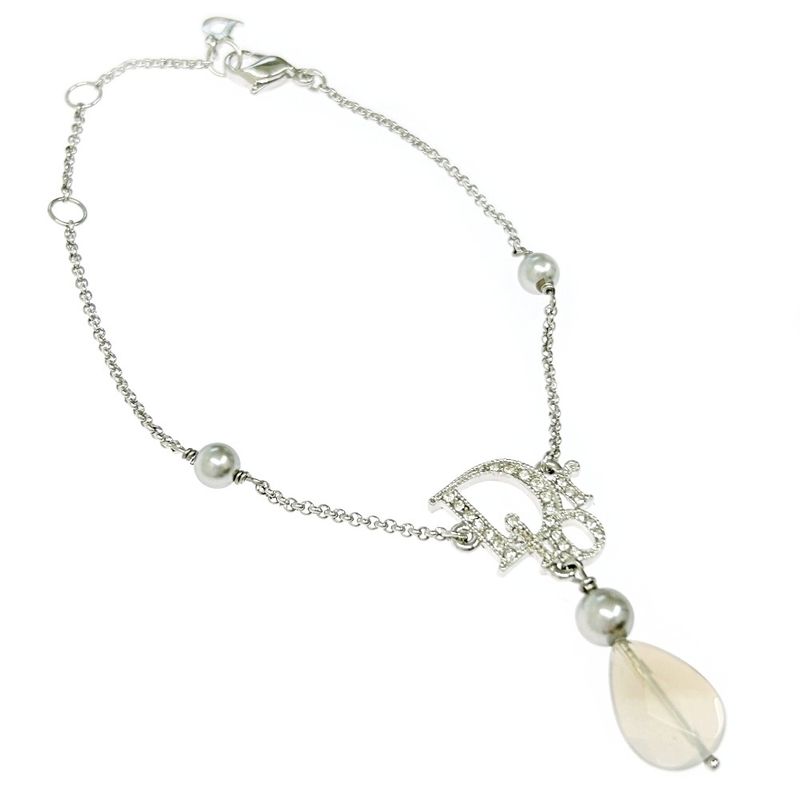 Christian Dior Metal Rhinestone Faux Pearl Dior Logo Bracelet Silver 305483