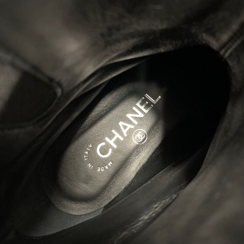 Chanel Boots Short Boots Shoes Patent Black Here Mark Wrinkled Side Gore Ribbon
