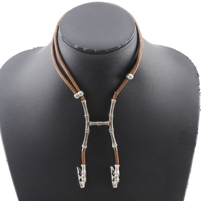 Hermes Bamboo Halter Leather X Metal Silver/brown Ladies 32g Necklace