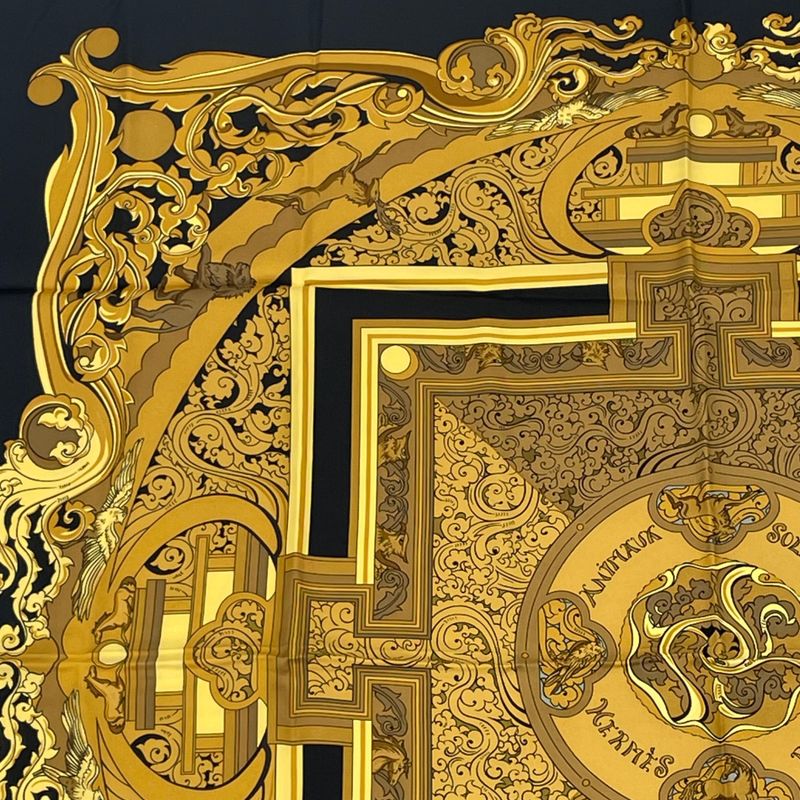 Hermes Carree 90 Animaux Solaires Animals Of The Sun Scarf Gold And Black