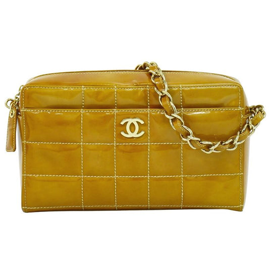 Authentic Chanel Coco Mark Chocolate Bar Chain Handbag Patent Leather Beige