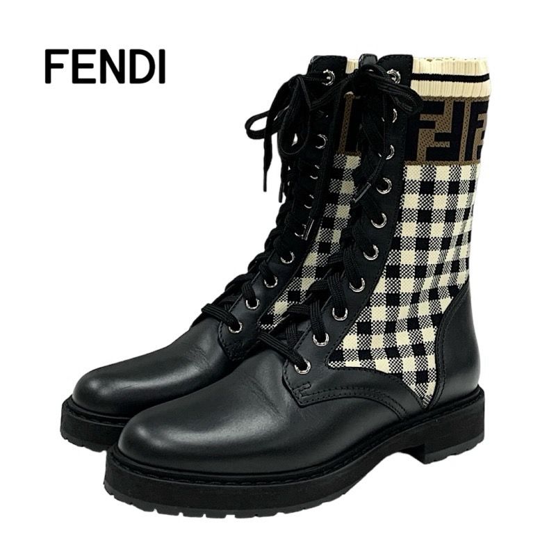 Fendi Rococo Boots Short Boots Shoes Zucca Check Lace Up Leather Fabric Black