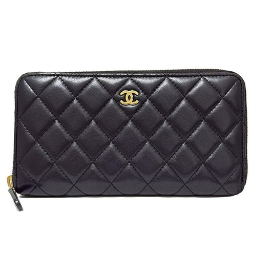 Chanel Long Wallet Matelasse Black And Gold Round Zipper/gold Hardware Lambskin