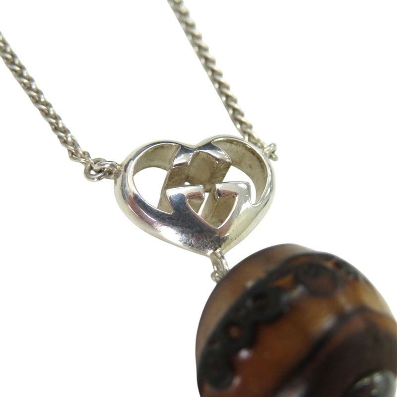 Gucci Interlocking G Heart Pendant Necklace Silver 925 Wooden Bamboo 0530gucci
