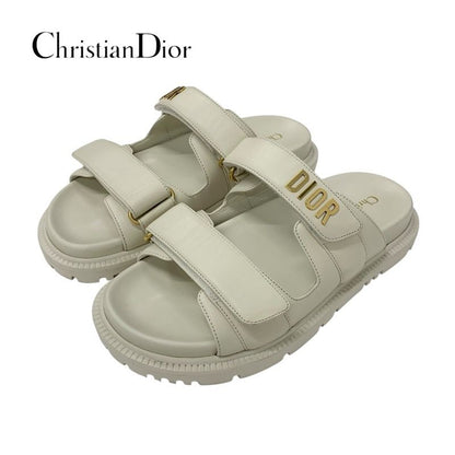 Christian Dioract Sandals Shoes Leather Ivory Gold Logo Velcro Strap