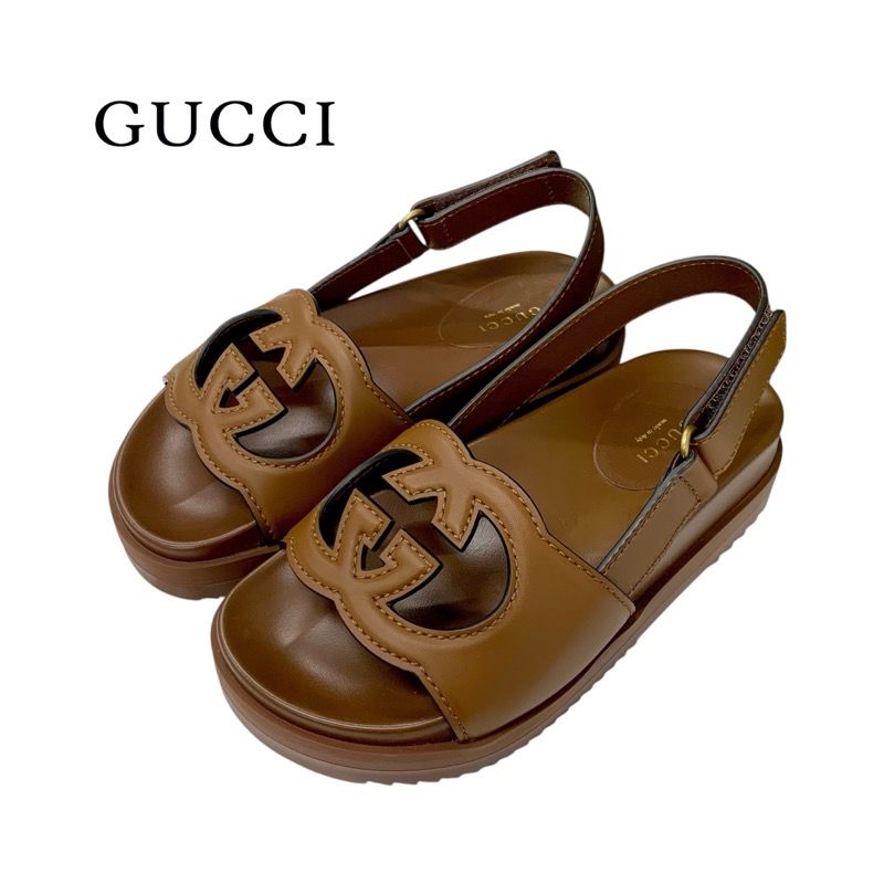 Gucci Sandals Shoes Leather Brown Logo Velcro