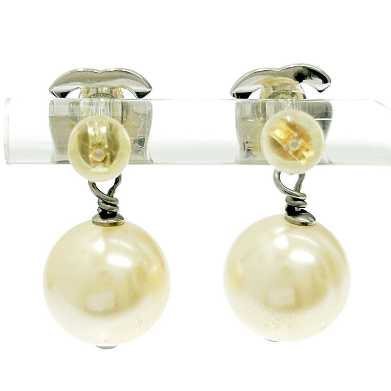 Chanel Metal Rhinestone Faux Pearl B14v Coco Mark Swing Earrings Silver 351237