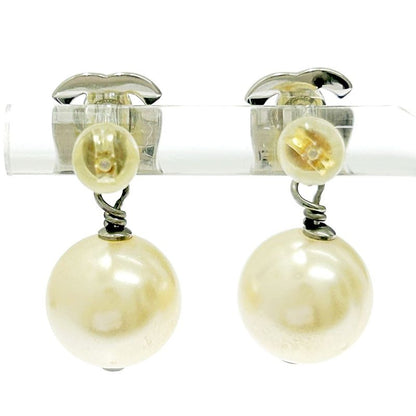 Chanel Metal Rhinestone Faux Pearl B14v Coco Mark Swing Earrings Silver 351237