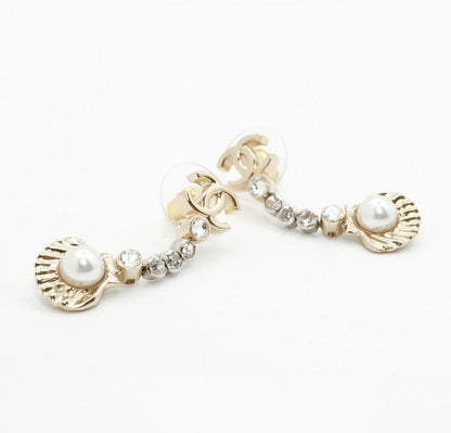 Chanel Earrings Earring Gold Coco Mark Drop Earrings Seashell Rhinestone