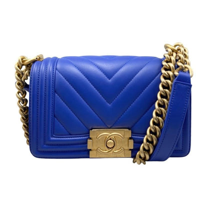 Chanel Boy Chanel Shoulder Bag V Stitch Chain Bag Lambskin Coco Mark Blue Gold