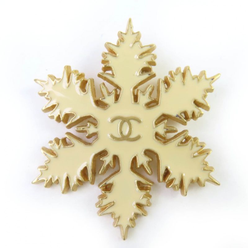CHANEL Vintage 01A Metal Coco Mark Snowflake Brooch Beige Made In France Ladies