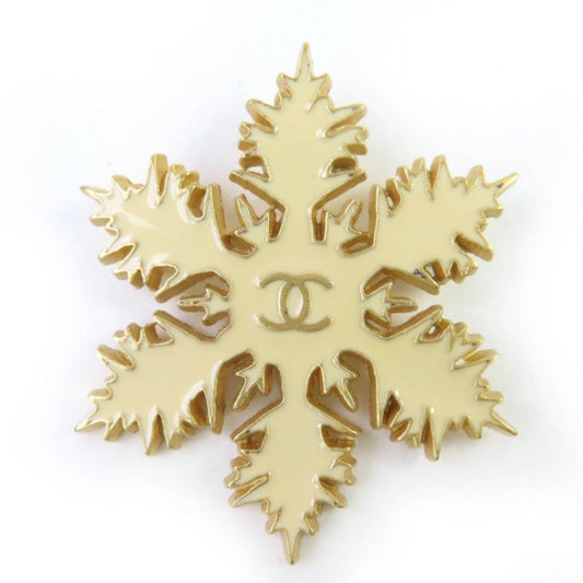 CHANEL Vintage 01A Metal Coco Mark Snowflake Brooch Beige Made In France Ladies
