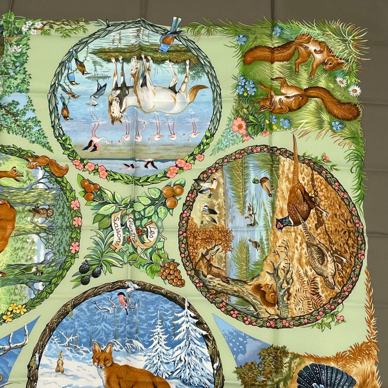 Hermes Carre 90 LES Quatre Saisons Four Seasons Brown Animal Flower Scarf Silk