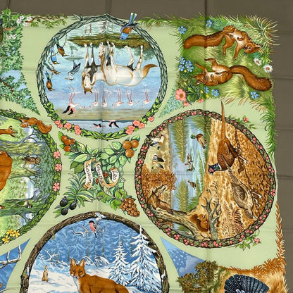 Hermes Carre 90 LES Quatre Saisons Four Seasons Brown Animal Flower Scarf Silk