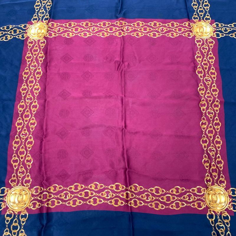 Chanel Silk Scarf Large Size Coco Mark Chain Pattern Burgundy And Navy
