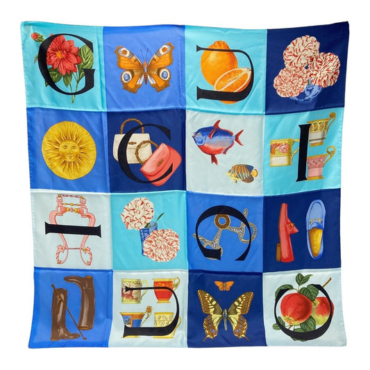 Gucci Panel Vintage Scarf Multicolor Blue 100% Silk
