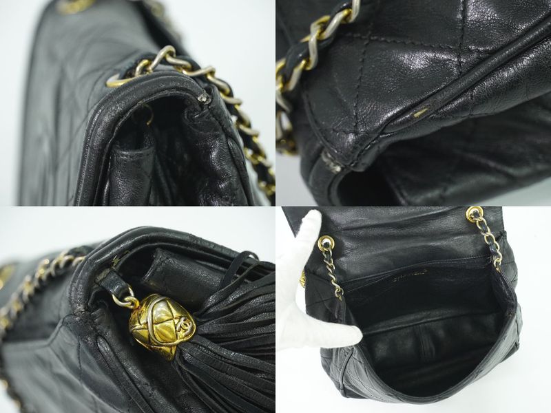 Authentic Chanel Coco Mark Matelasse Tassel Chain Shoulder Bag Leather Black