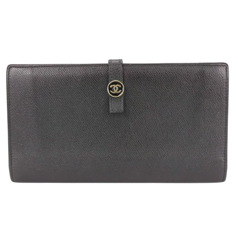 Chanel Long Wallet Coco Button Leather Black Fold Double Hook Coco Mark Ladies